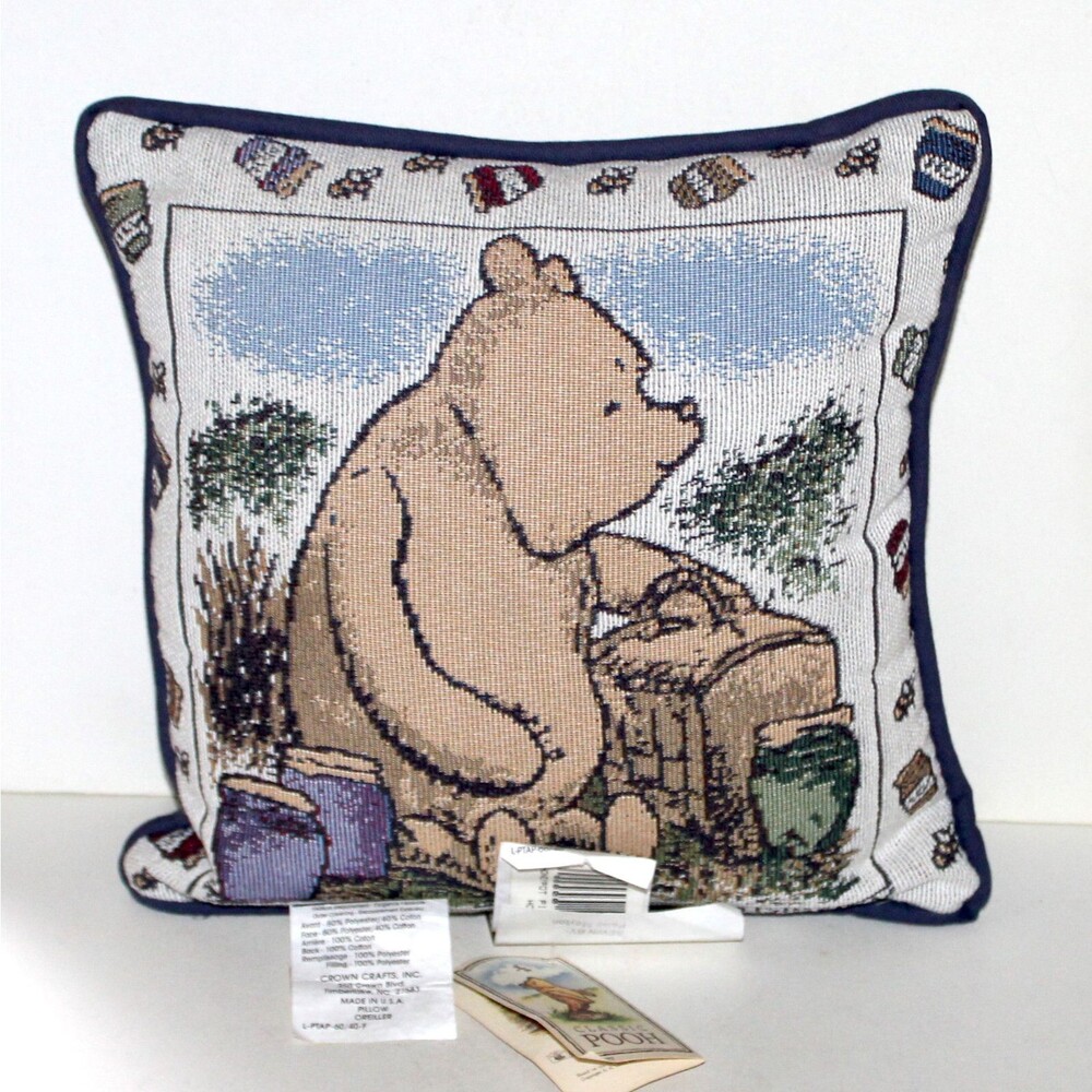 Disney Winnie The Pooh Tapestry Throw Pillow NEW blue 12" x 12" Crown Crafts